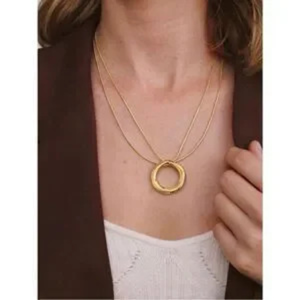 NEW?14K Gold Plated Gold Double-Layer Circle Pendant Necklace